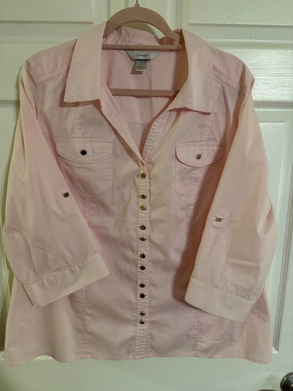 CJ Banks Light Pink Button-Front Utility Blouse